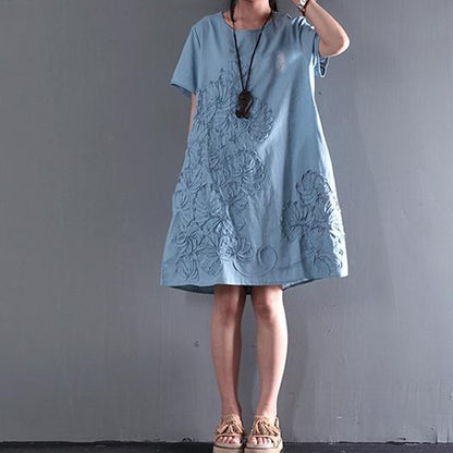 CM | azul vestido de verano de manga corta apliques blusa de verano vestidos de turno de vacaciones