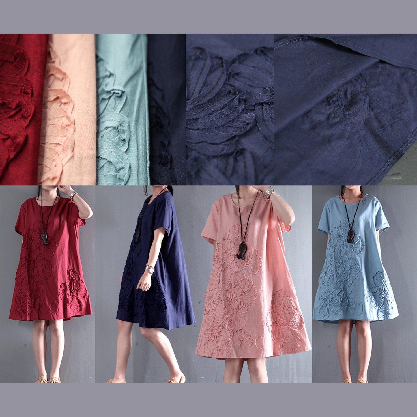 CM | azul vestido de verano de manga corta apliques blusa de verano vestidos de turno de vacaciones