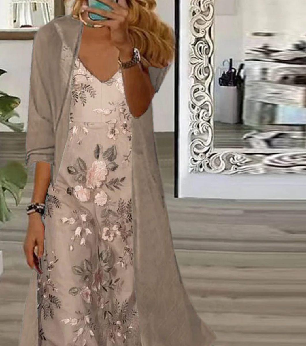 CM | Café Maxi vestido estampado floral con chaqueta fina Conjunto de dos piezas