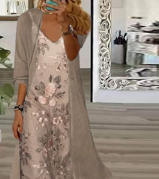 CM | Café Maxi vestido estampado floral con chaqueta fina Conjunto de dos piezas
