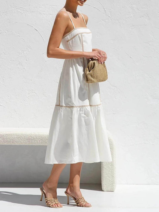 CM | Vestido Midi con Tirantes Ajustables y Ribetes de Color en Contraste