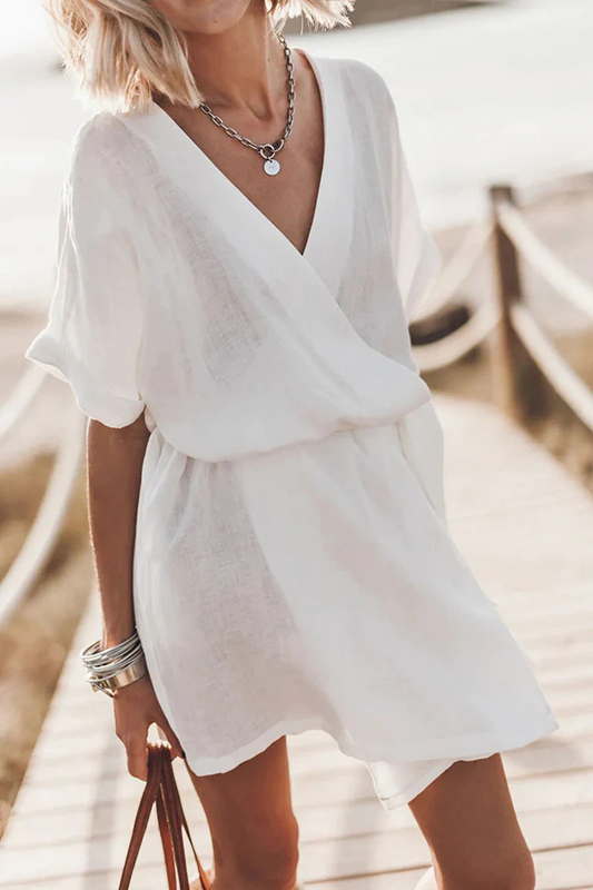 CM | mini vestido kimono con cinturón de bolsillo en mezcla de algodón y lino