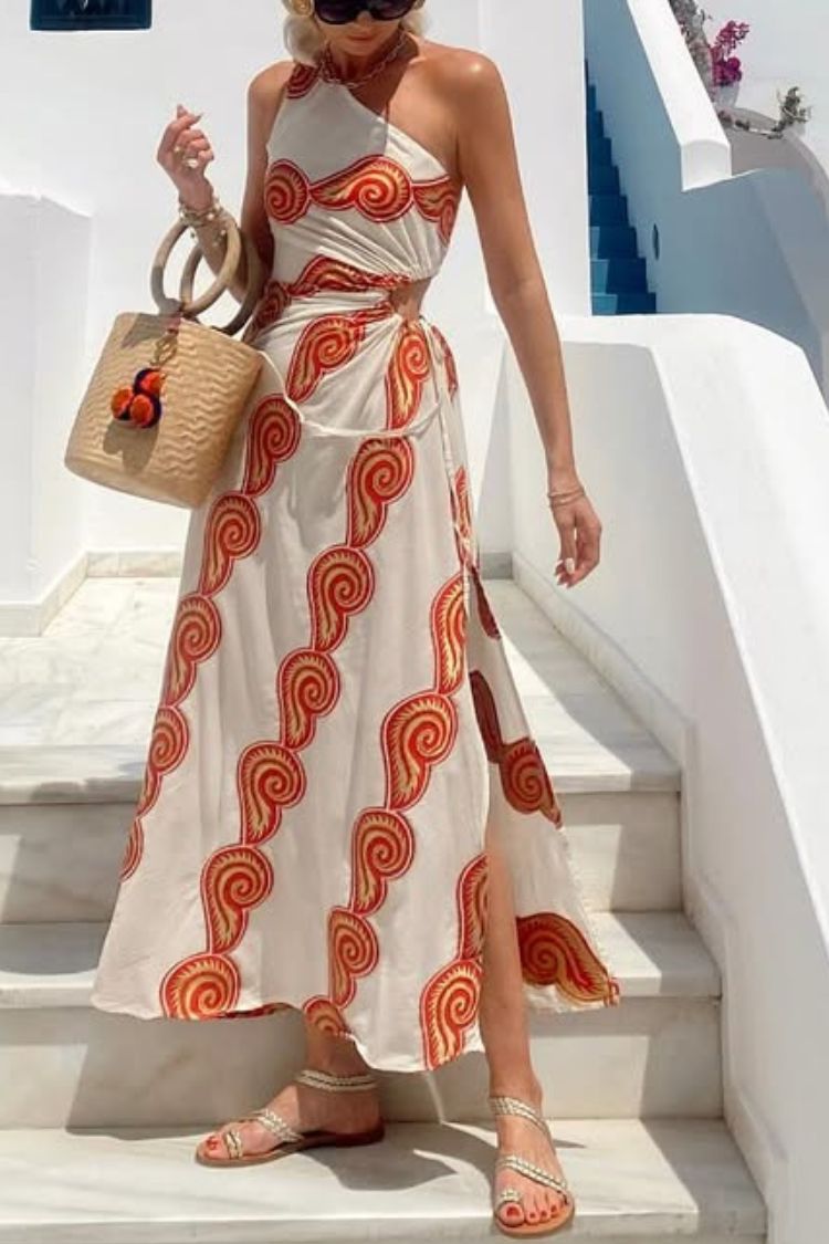 CM | Enjoy A Sunny Linen Blend Shell Print Un Hombro Cuello Cintura Encaje Abertura Maxi Vestido