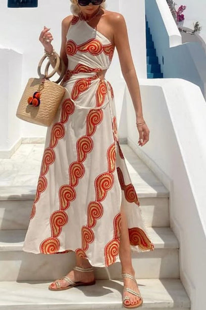 CM | Enjoy A Sunny Linen Blend Shell Print Un Hombro Cuello Cintura Encaje Abertura Maxi Vestido