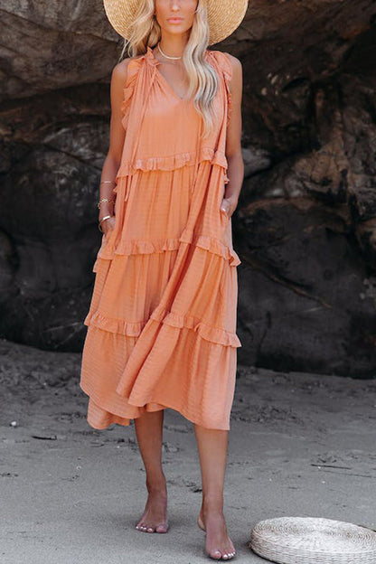 CM | MEZCLA DE ALGODÓN, VESTIDO MIDI ESCALONADO CON BOLSILLOS