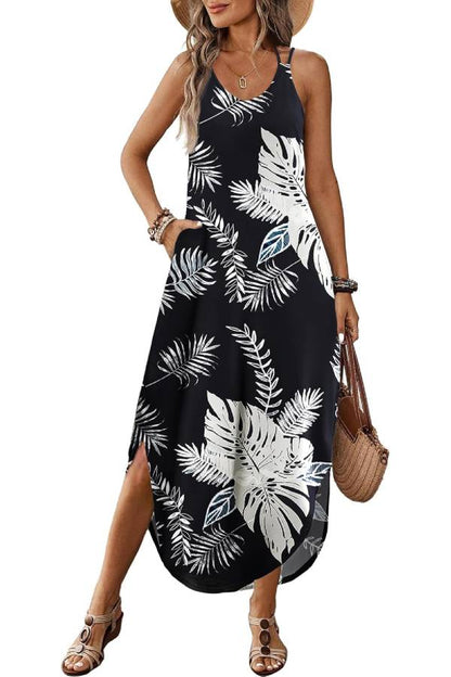 CM | Casual V-cuello halter hendidura bohemio playa resort maxi vestido