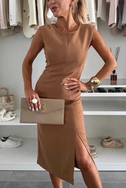 CM | Color sólido Escote redondo Sin mangas Vestido midi slim-fit con abertura