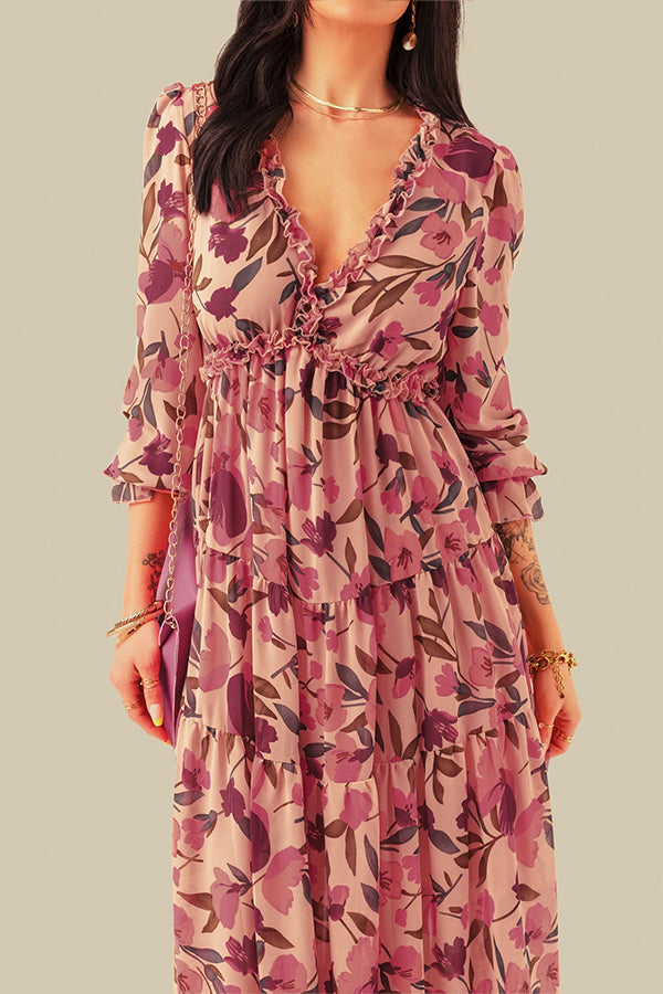 CM | maxi vestido escotado con volantes y estampado floral en rojo pastel