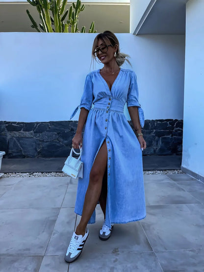 CM | elegante maxi vestido casual con botones en azul