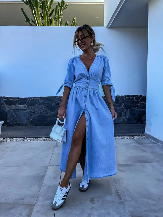 CM | elegante maxi vestido casual con botones en azul