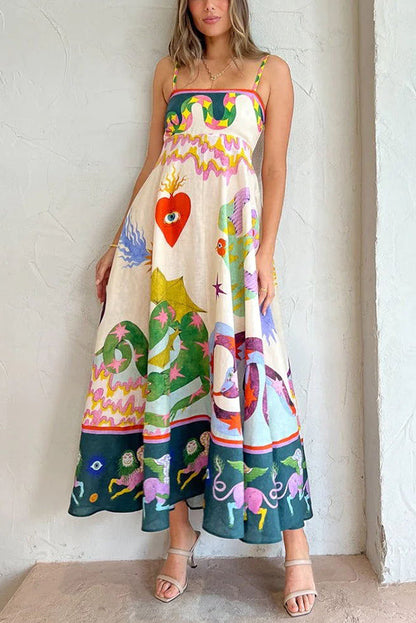 CM | Feel Effortlessly Vestido midi con espalda fruncida en mezcla de lino y estampado único