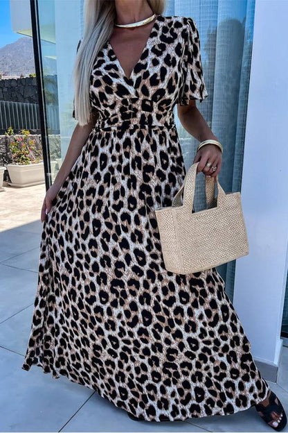 CM | Leopardo Caqui Cuello en V Cintura Alta Espalda Abierta Maxi Vestido