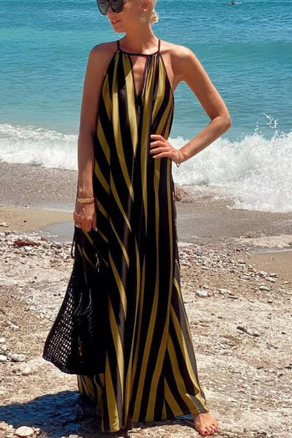 CM | Estampado de rayas Cuello en V Vestido maxi holgado de vacaciones en la playa
