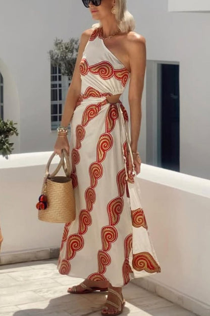 CM | Enjoy A Sunny Linen Blend Shell Print Un Hombro Cuello Cintura Encaje Abertura Maxi Vestido