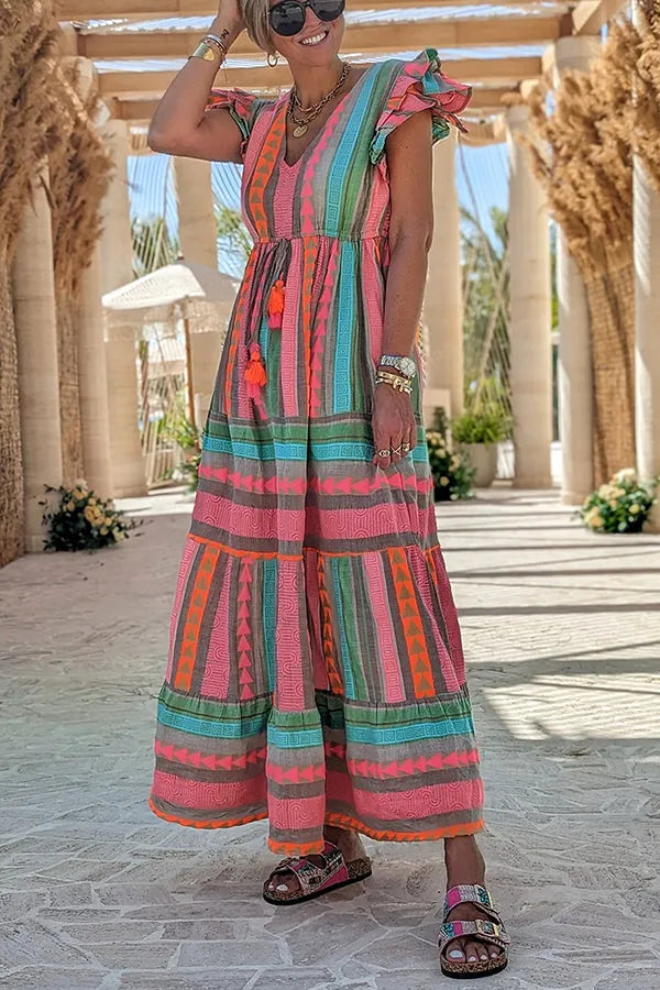CM | Sunlit Magic Mezcla de Lino Estampado Étnico Manga con Volantes Maxi Vestido con Borlas