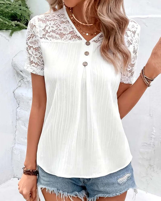 CM | Blusa con cuello en V, monocolor, con costura de encaje
