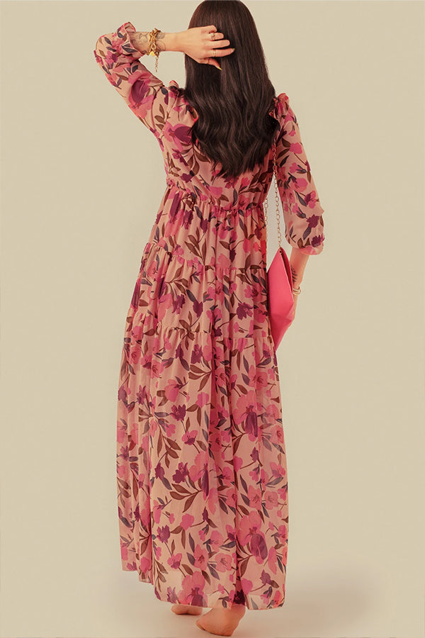 CM | maxi vestido escotado con volantes y estampado floral en rojo pastel