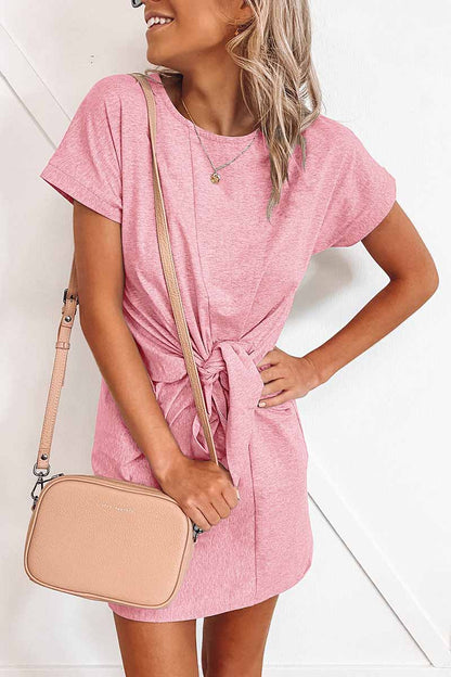CM | Florcoo Lazo Suelto Color Sólido Mini Vestido de Manga Corta(6 Colores)