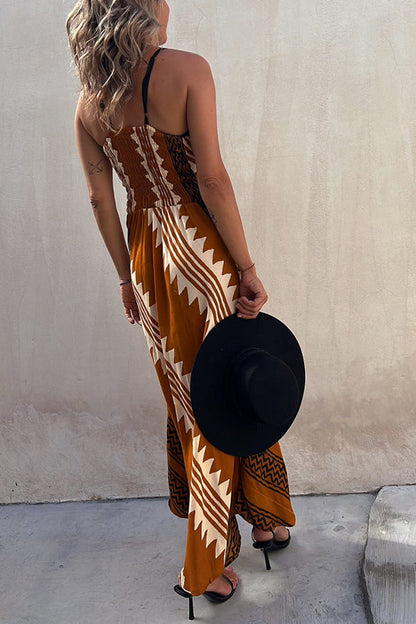CM | Always Falling Vestido midi de satén con estampado étnico y espalda fruncida