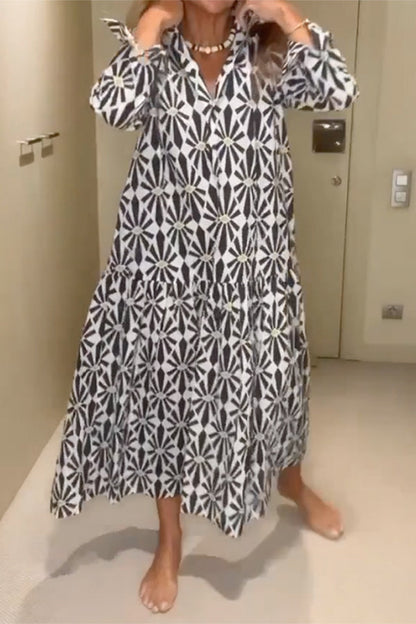 CM | Print Manga Larga Suelta Cuello en V Maxi Vestidos