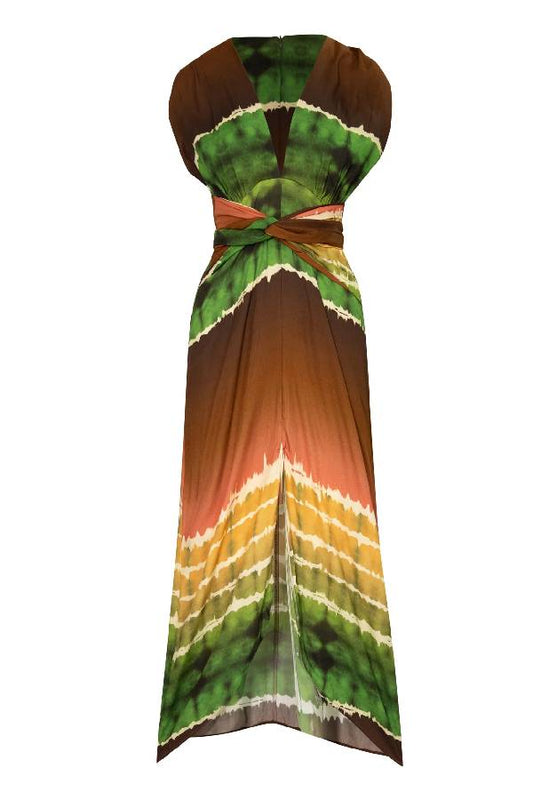 CM | Tie Dye Print Sin Mangas Cuello en V Cintura de lazo Maxi Vestido
