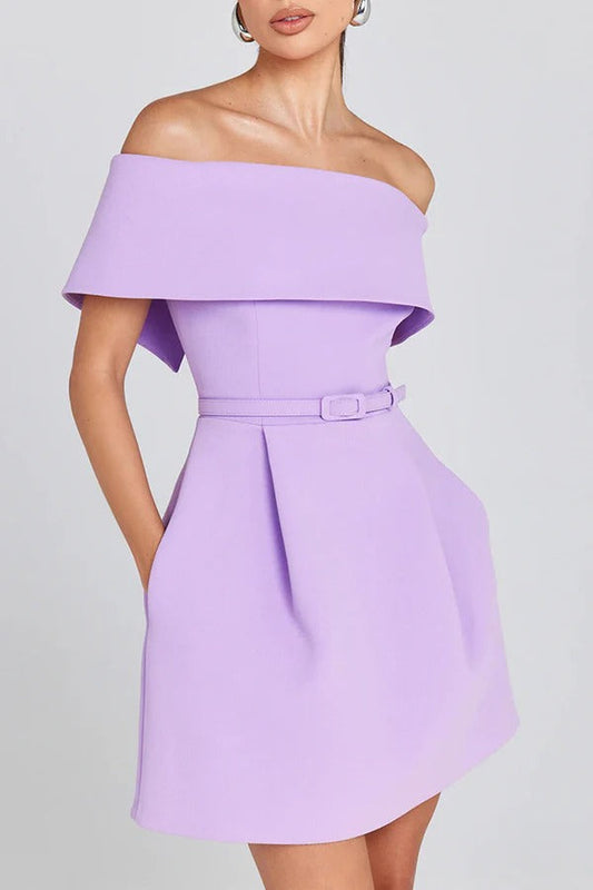 CM | Elegante Noche Solapa Bandeau Cinturón Desmontable Bolsillo Mini Vestido