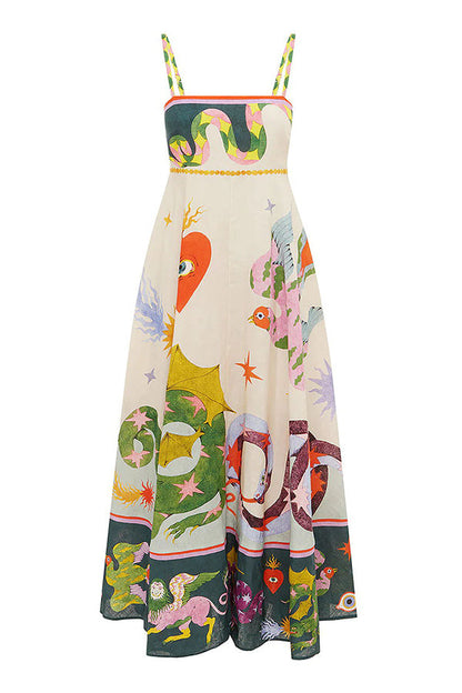 CM | Feel Effortlessly Vestido midi con espalda fruncida en mezcla de lino y estampado único