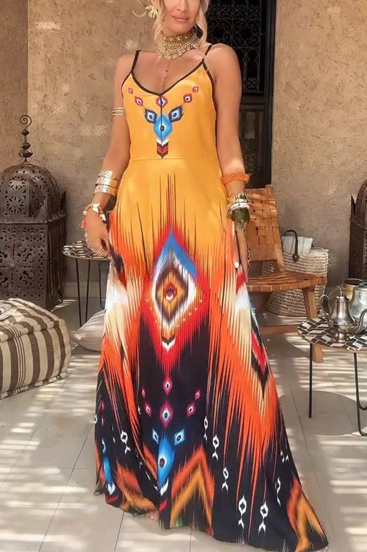 CM | Maxi Vestido Suelto con Tirantes en V y Estampado Único