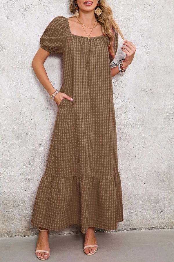 CM | maxi vestido a cuadros con mangas abullonadas y escote cuadrado