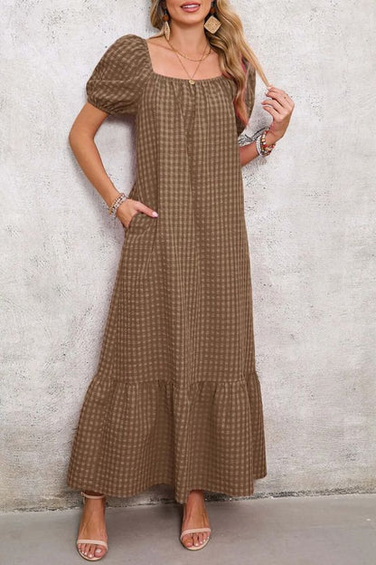 CM | maxi vestido a cuadros con mangas abullonadas y escote cuadrado