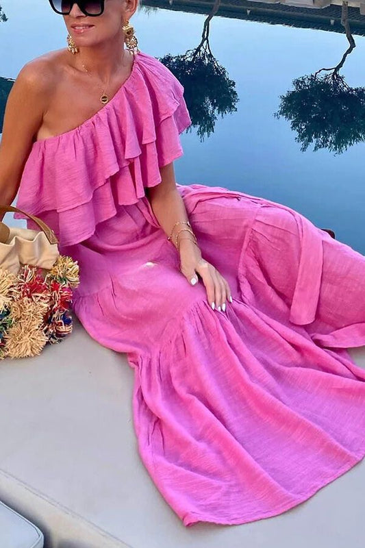 CM | maxi vestido con un hombro y cinturón de volantes en mezcla de algodón