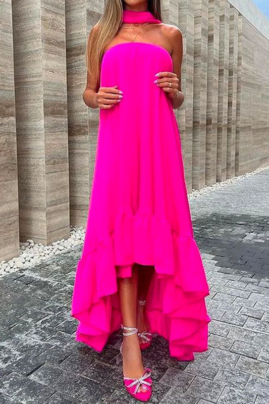 CM | Maxivestido sin mangas, sin hombros, irregular con volantes