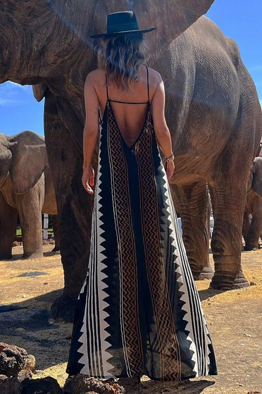 CM | Take A Trip Maxi Vestido con estampado étnico sin espalda y línea A