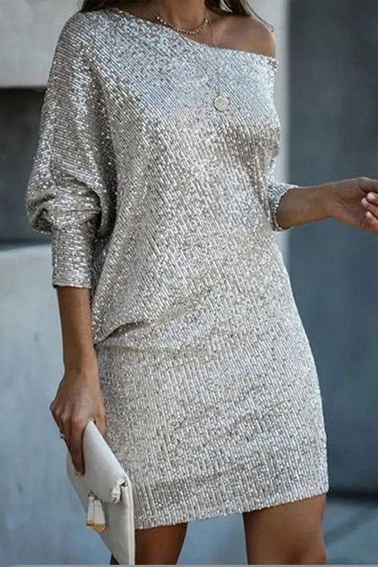 CM | Lentejuelas Sólido Off-shoulder Mini Vestido Suelto