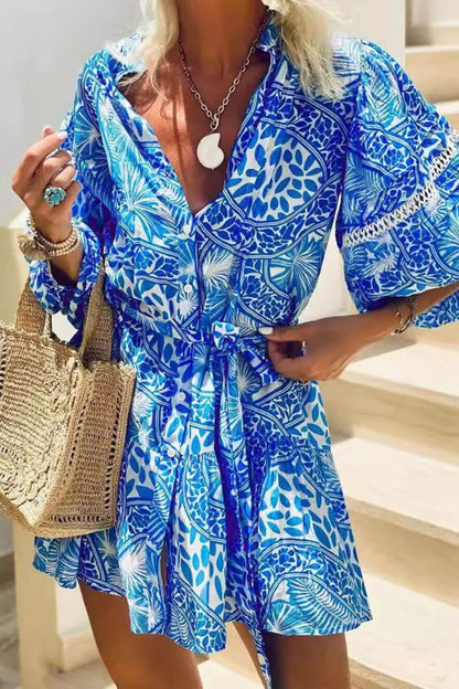 CM | Fashion Stand Up Collar Shift Impreso Resort Mini Vestido