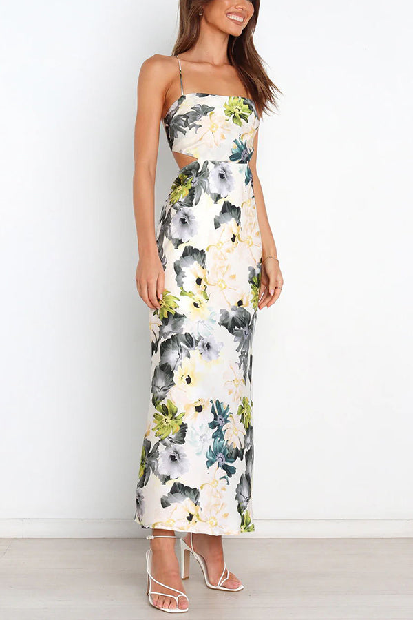 CM | Garden Party Floral Satén Recorte Espalda Encaje Maxi Vestido