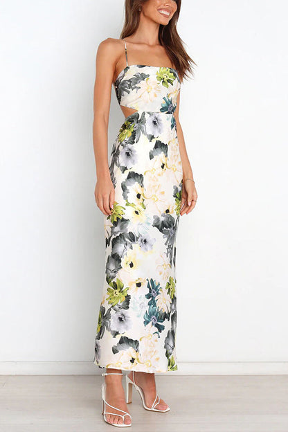 CM | Garden Party Floral Satén Recorte Espalda Encaje Maxi Vestido