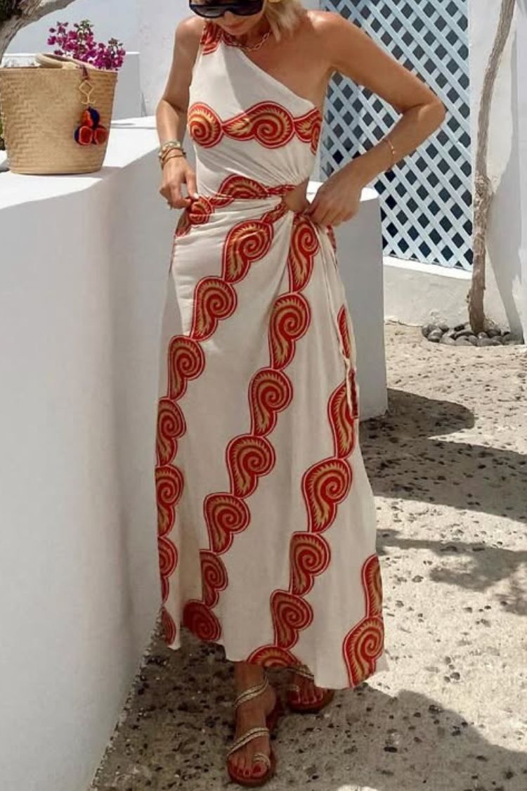 CM | Enjoy A Sunny Linen Blend Shell Print Un Hombro Cuello Cintura Encaje Abertura Maxi Vestido