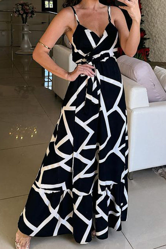 CM | Moda Color Block Print Tirantes Cintura Tie Slit Maxi Vestido