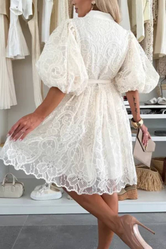 CM | Verano romántico bordado de encaje mangas abullonadas Button Tie Mini Vestido