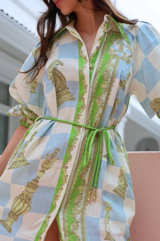CM | Unique Vestido midi camisero estampado de manga larga con bolsillo con cordón