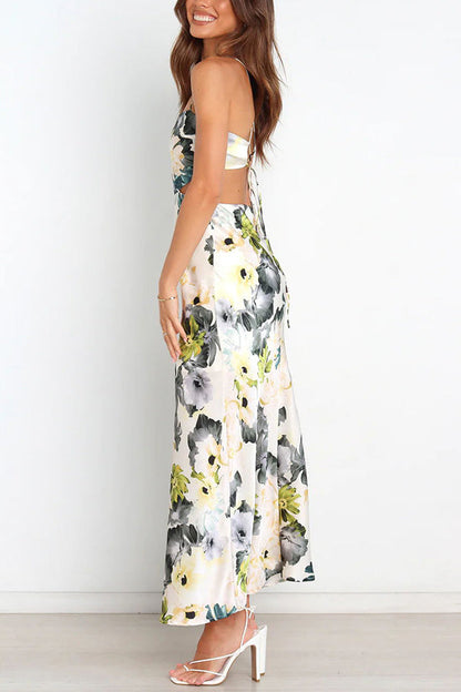 CM | Garden Party Floral Satén Recorte Espalda Encaje Maxi Vestido