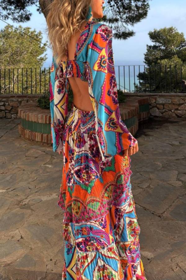 CM | Colorido Etiqueta Impresión Única Manga de Campana Cuello Cintura Capas Maxi Vestido