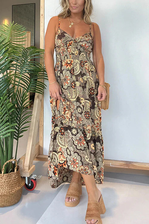 CM | Cuello Atrás Encaje Abertura Estampado Floral Maxi Vestido Cami
