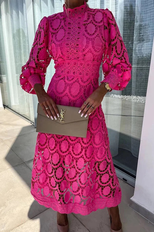 CM | Romántico, Sensual y Elegante Vestido Midi de Encaje de Crochet con Manga Farol de Fiesta