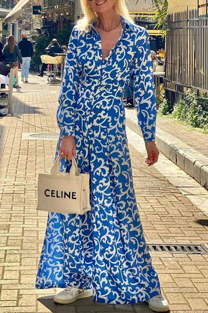 CM | maxi vestido camisa manga larga bolsillo botones solapa estampado étnico