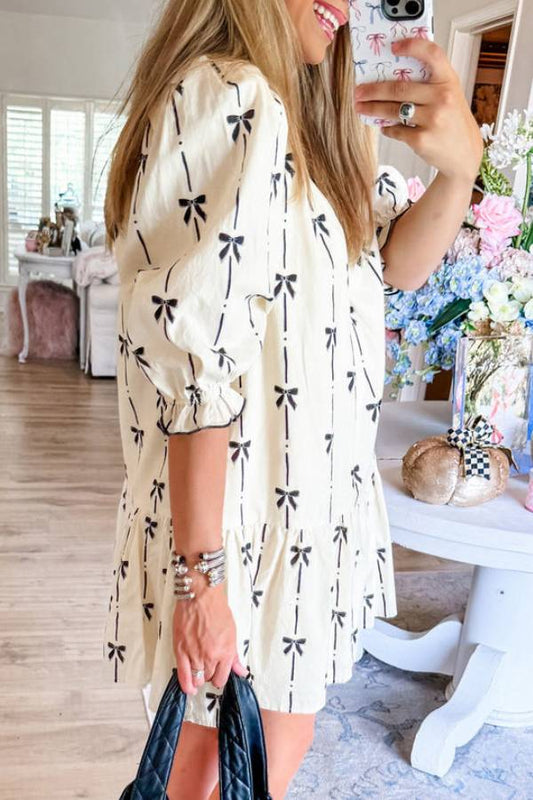 CM | Beige Lindo Lazo Impreso Burbuja Manga V-Cuello Mini Vestido