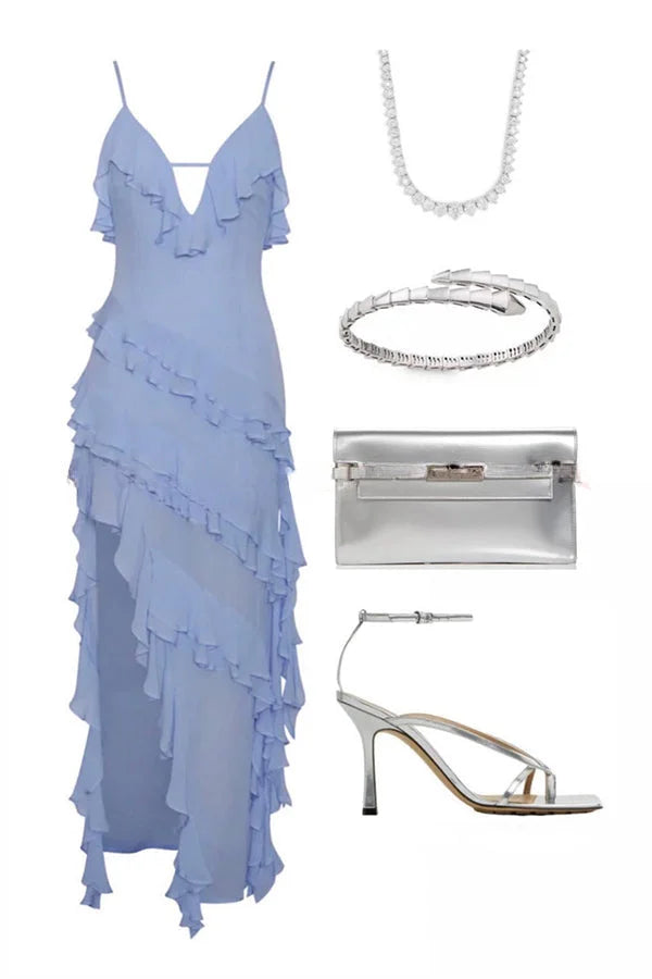 CM | Vestido largo fluido con volantes superpuestos y abertura irregular para un look elegante