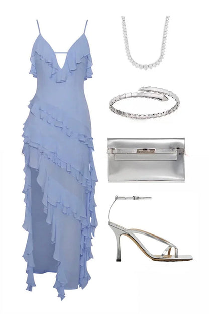 CM | Vestido largo fluido con volantes superpuestos y abertura irregular para un look elegante
