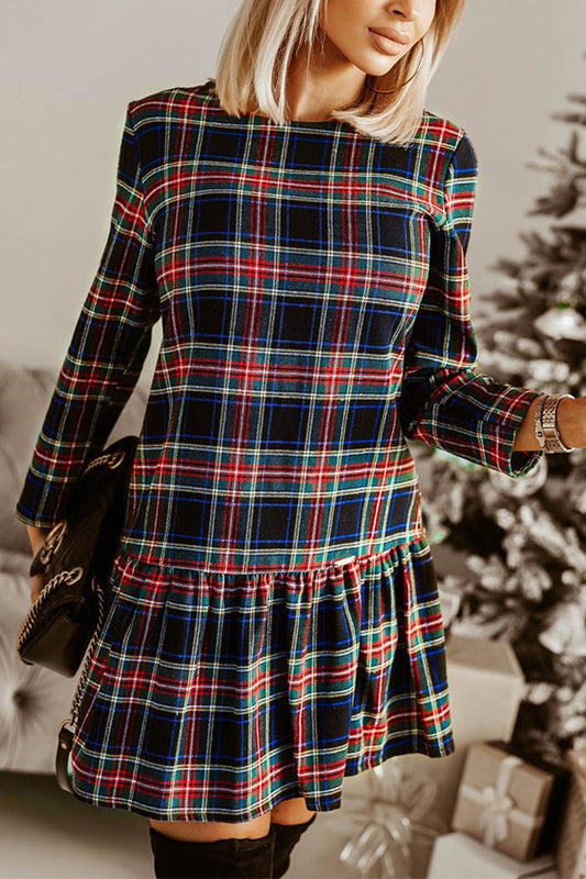 CM | Moda patrón de cuadros mangas largas escote redondo delgado mini vestido
